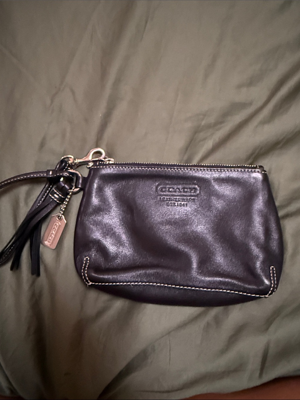 Coach Black Leather Wristlet with Tassel Charm